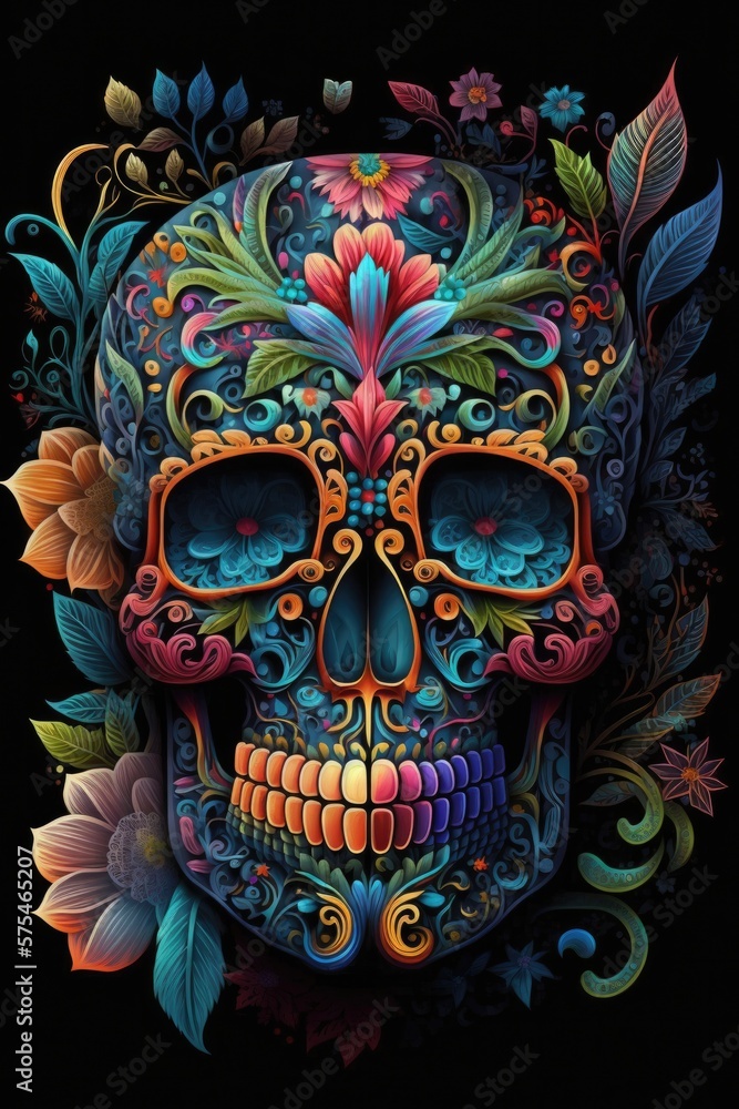 Mexican roses skull. Mexican roses skull. Vector illustration. Dia de los muertos shugar colorful head Generative Ai