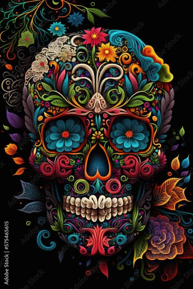 Mexican roses skull. Mexican roses skull. Vector illustration. Dia de los muertos shugar colorful head