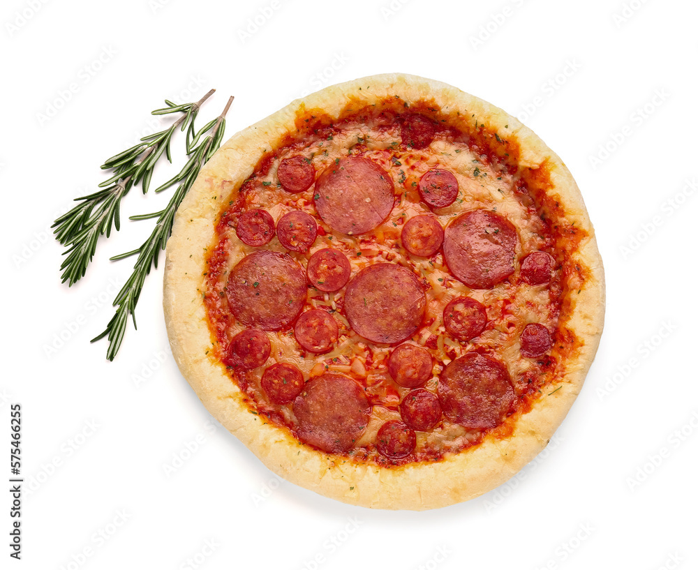 Delicious pepperoni pizza and rosemary isolated on white background Delicious pepperoni pizza and rosemary isolated on white background