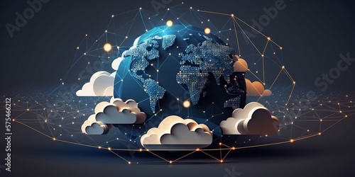 Global Data Transfer Cloud Computing Technology Concept. Cloud Icons With Connections on Abstract Polygon World Map With Dark Blue Background.