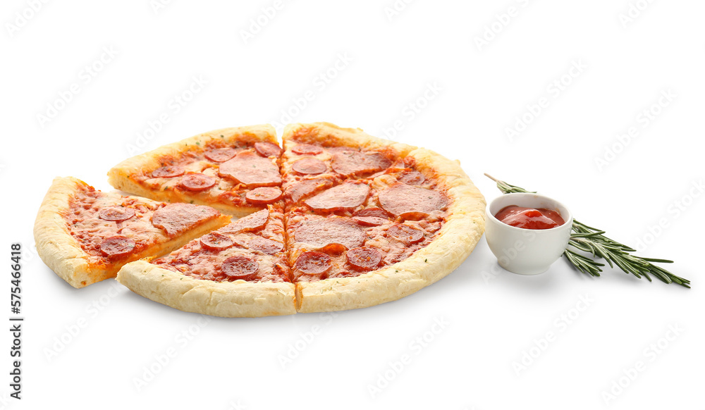 Delicious pepperoni pizza, rosemary and sauce isolated on white background Delicious pepperoni pizza, rosemary and sauce isolated on white background