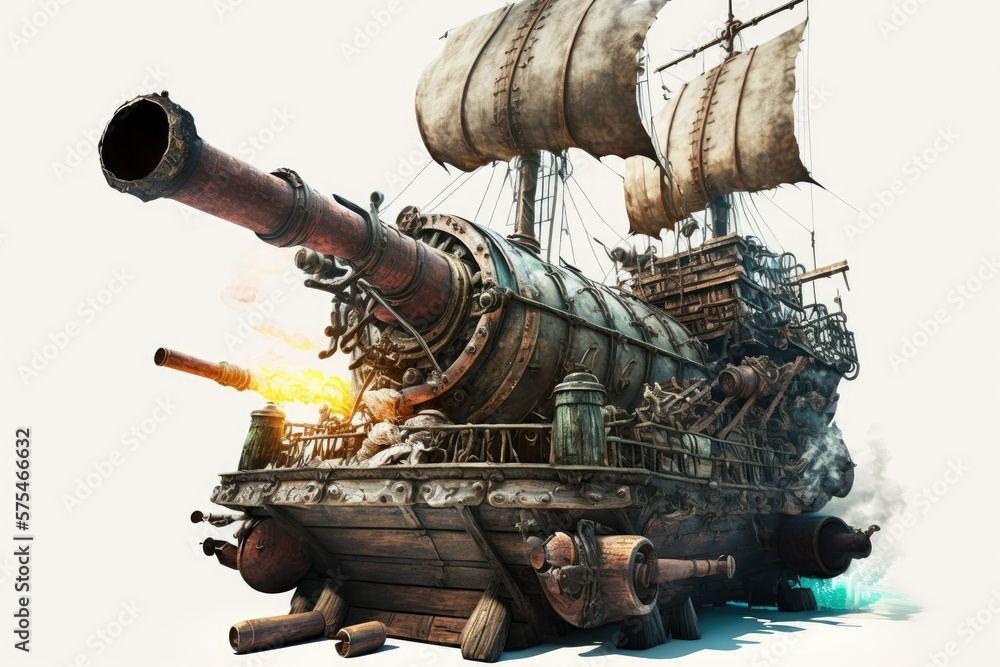 A cannon on the deck of a rusty, medieval style, wooden pirate warship points and fires. Generative AI