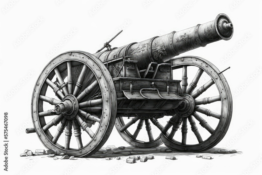 On a white background, an old medieval artillery cannon. Generative AI