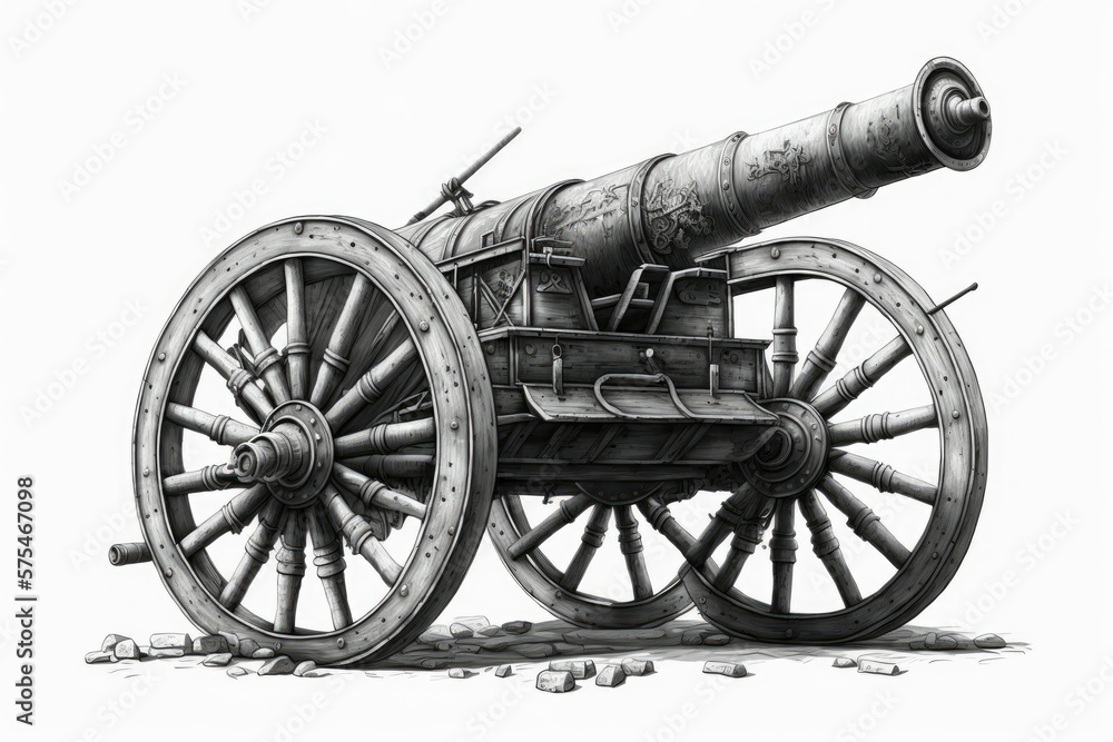 Fototapeta premium On a white background, an old medieval artillery cannon. Generative AI