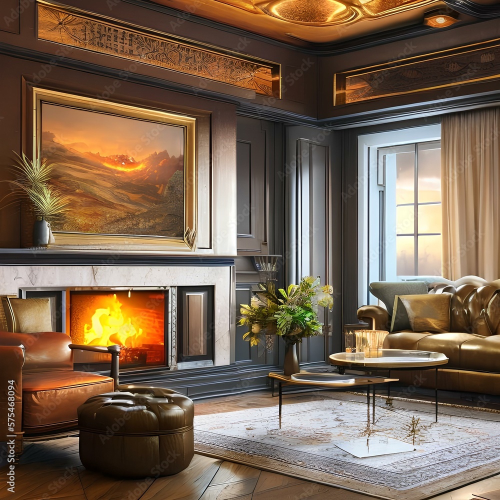3. A cozy living room with a fireplace and comfortable furniture.2, Generative AI 3. A cozy living room with a fireplace and comfortable furniture.2, Generative AI
