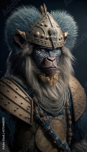 Raiding Valhalla: A Cute, Cool, and Beautiful Viking Animal Baboon Warrior's Battle on a Longship with Beautiful Stylish Designer Armor and Norse Mythology (generative AI)