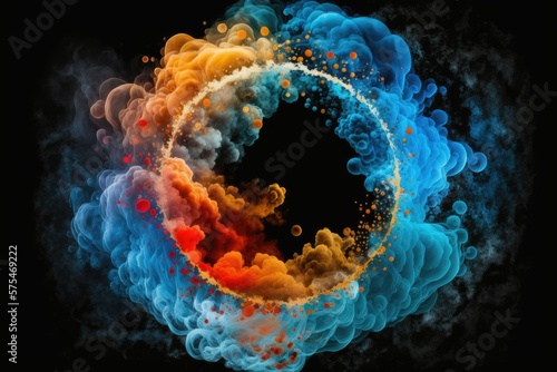 Round smokey frame. The ink and water smear together. Magical spokes. Cloud of toxic air pollution caused by an explosion. Swirling orange, red, and yellow fume circles illuminate a black background