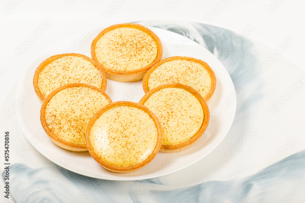 Delicious fresh baked custard tarts sprinkled with ground nutmeg Delicious fresh baked custard tarts sprinkled with ground nutmeg