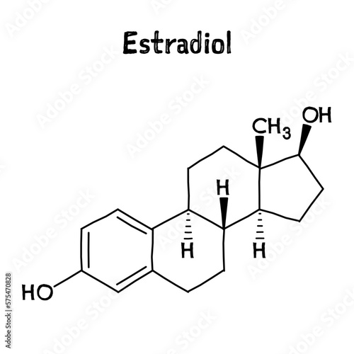 Estradiol molecular structure. Estradiol is an estrogen steroid hormone and the major female sex hormone. .Vector structural formula of chemical compound. Black pen Hand-drawn style.