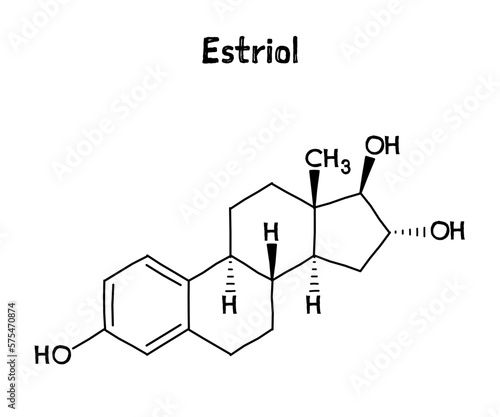 Estriol molecular structure. Estriol is a steroid, a weak estrogen, and a minor female sex hormone. .Vector structural formula of chemical compound. Black pen Hand-drawn style.