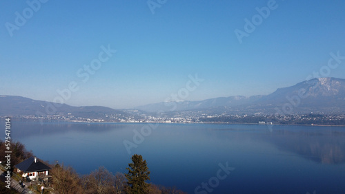 View over a lake. Blue sky and mountain.