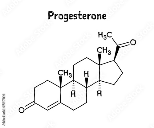 Progesterone molecular structure. Progesterone is an endogenous steroid and progestogen sex hormone involved in the menstrual cycle, pregnancy, and embryogenesis. .Vector structural formula of