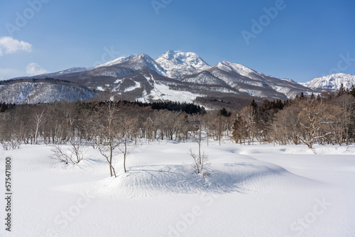 雪に覆われたいもり池と妙高山