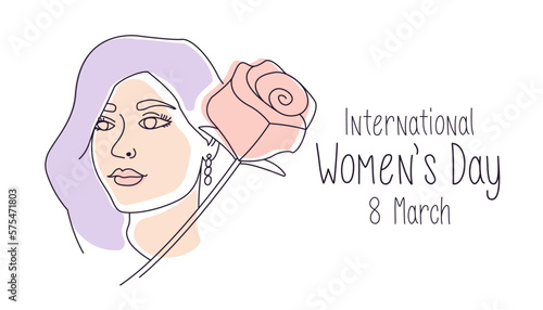 International women's day vector doodle illustration banner. Graphic illustration with woman's face drawing with a rose and text