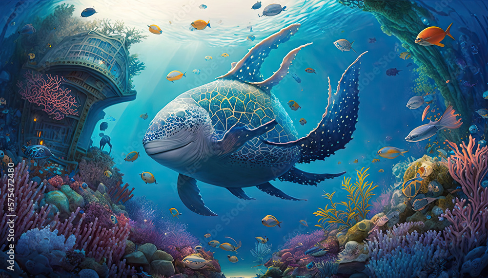 Fototapeta premium An underwater world teeming with colorful schools of fish, vibrant coral reefs, and hidden treasures waiting to be discovered, fish, coral, underwater, sea, reef, tropical, ocean, water, diving,