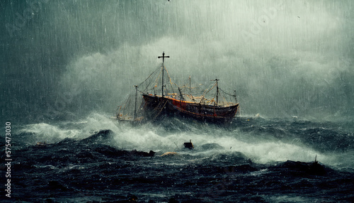 Ancient Boat in a Storm, Generative AI