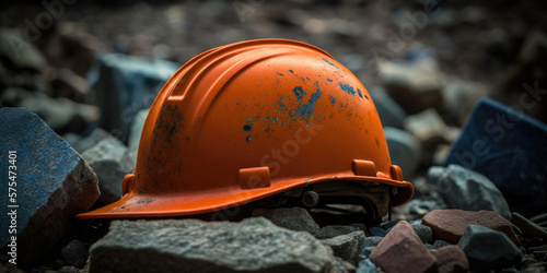 China Mine Disaster 2023: Chinese Mine Collapse Symbolism. Dirty, Dusty Damaged Orange Chinese Hard Hat, Mining Helmet Laying in the Rocks, Debris, and Rubble from a Mine.