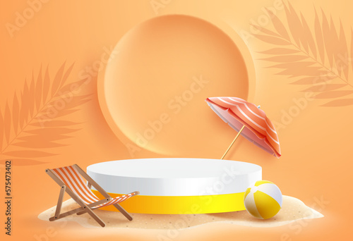 Summer podium vector design. Summer product display with podium and beach elements in background. Vector illustration summer product advertisement.
