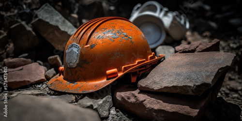 China Mine Disaster 2023: Chinese Mine Collapse Symbolism. Dirty, Dusty Damaged Orange Chinese Hard Hat, Mining Helmet Laying in the Rocks, Debris, and Rubble from a Mine. photo