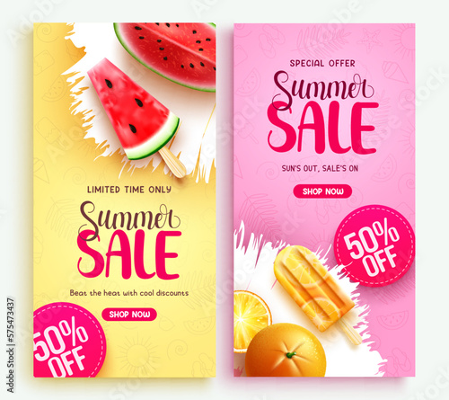 Summer poster vector set. Summer sale text with up to 50% off special and limited offer holiday season discount. Vector illustration summer sale.
