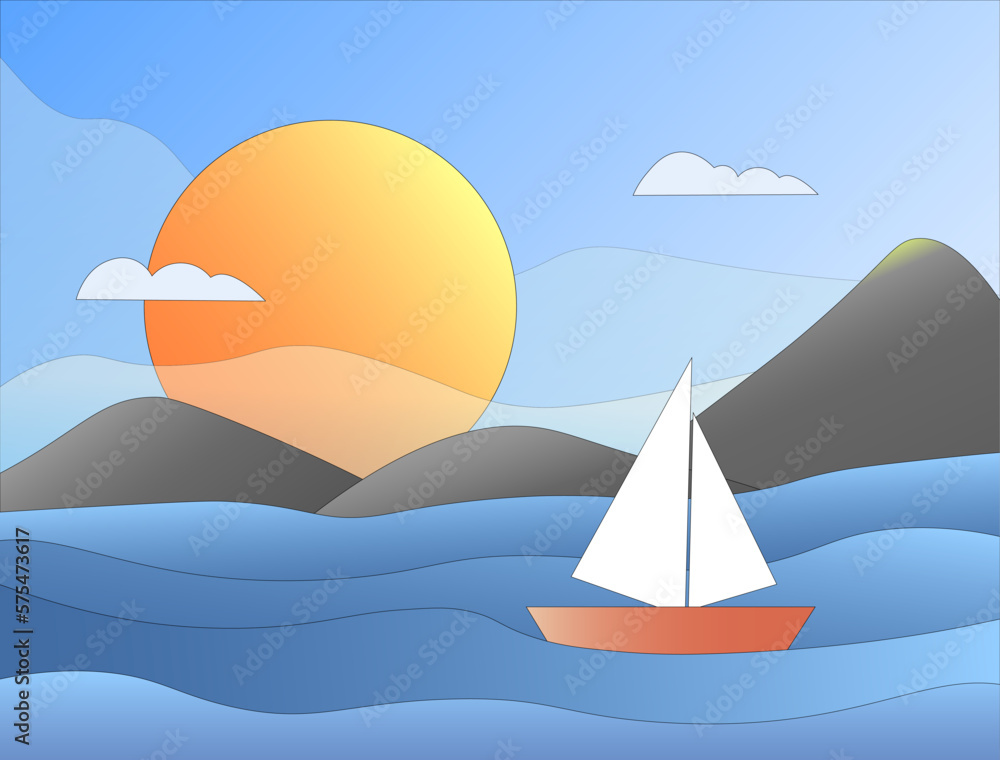 Seascape with a sailboat. Blue sea with waves, mountains and bright sun. Vector illustration in flat style with gradients and stroke. For interior design, prints and posters, covers for flyers and