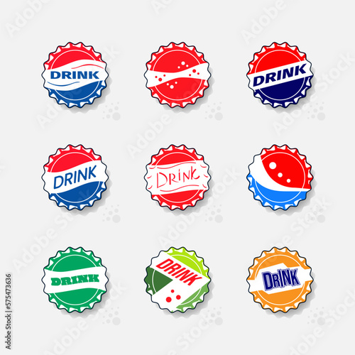 Bottle cap icons set. Template form for soft drink, lemonade, soda. Zigzag circle. Smooth shapes and elements, attractive colors, bubbles. Typography design, Pop Art, label. Vector illustration.