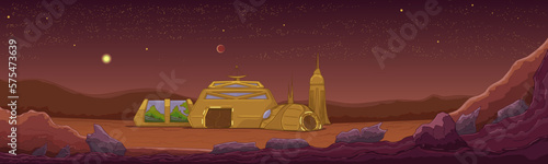 Panoramic view of the modular settlement. Planet colonization, expansion. Mountain range, rocky terrain, red planet. Housing buildings, greenhouse with plants. Hand drawn cartoon. Vector illustration.