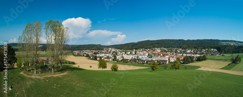 Panoramablick auf die Aargauer-Gemeinde Fislisbach mit dem Boll (Hügelanlage) – dem Wahrzeichen des Dorfes.