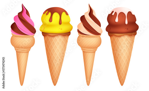 Ice cream vector set. Ice cream element in chocolate, vanilla and mango flavor for summer holidays food. Vector illustration food collection. 
