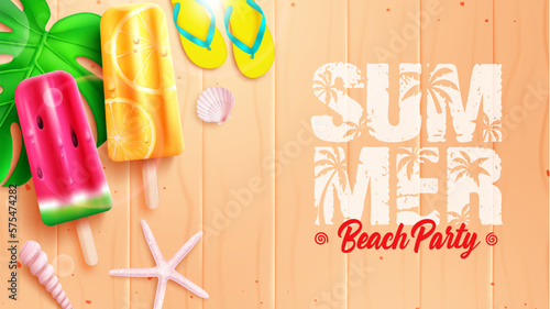 Summer beach party design. Summer beach party text with watermelon and lemon popsicles. Vector illustration summer background. 
