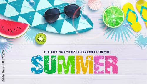 Summer vector background. Best time to make summer memories text in space with beach elements design. Vector illustration summer design.
