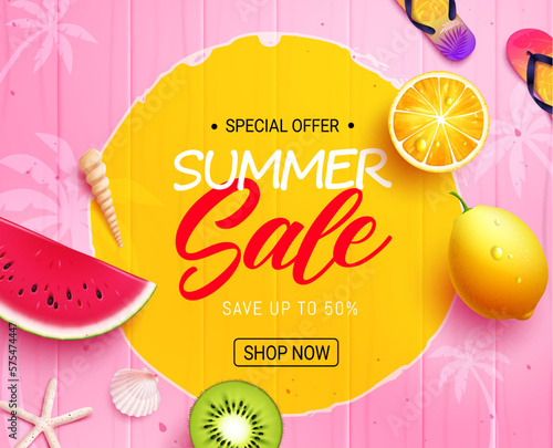 Summer sale vector design. Summer sale text with up to 50% off special offer promo discount. Vector illustration summer banner sale.
