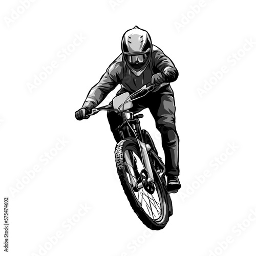 Extreme sports rider, BMX biker, Downhill, race, cyclist. monochrome. Perfect for the bicycle community for T -shirt, Sticker, Print, etc. Hand drawing Vector Illustration.