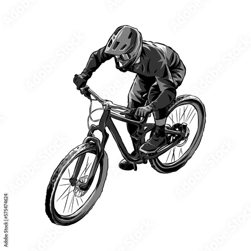 Fototapeta Naklejka Na Ścianę i Meble -  Extreme sports rider, BMX biker, Downhill, race, cyclist. monochrome. Perfect for the bicycle community for T -shirt, Sticker, Print, etc. Hand drawn Vector Illustration.