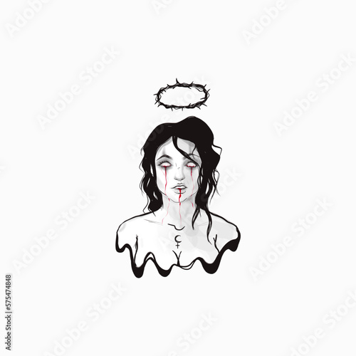drawing of demonic female. Lilith goddess symbol. Woman bleeding from white eyes and mouth. Tattoo idea art design