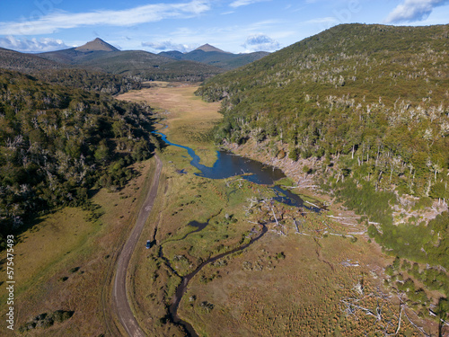 Aerial view of a beaver habitat in Reserva Lago Yeguin on the island Tierra del Fuego, Argentina, South America