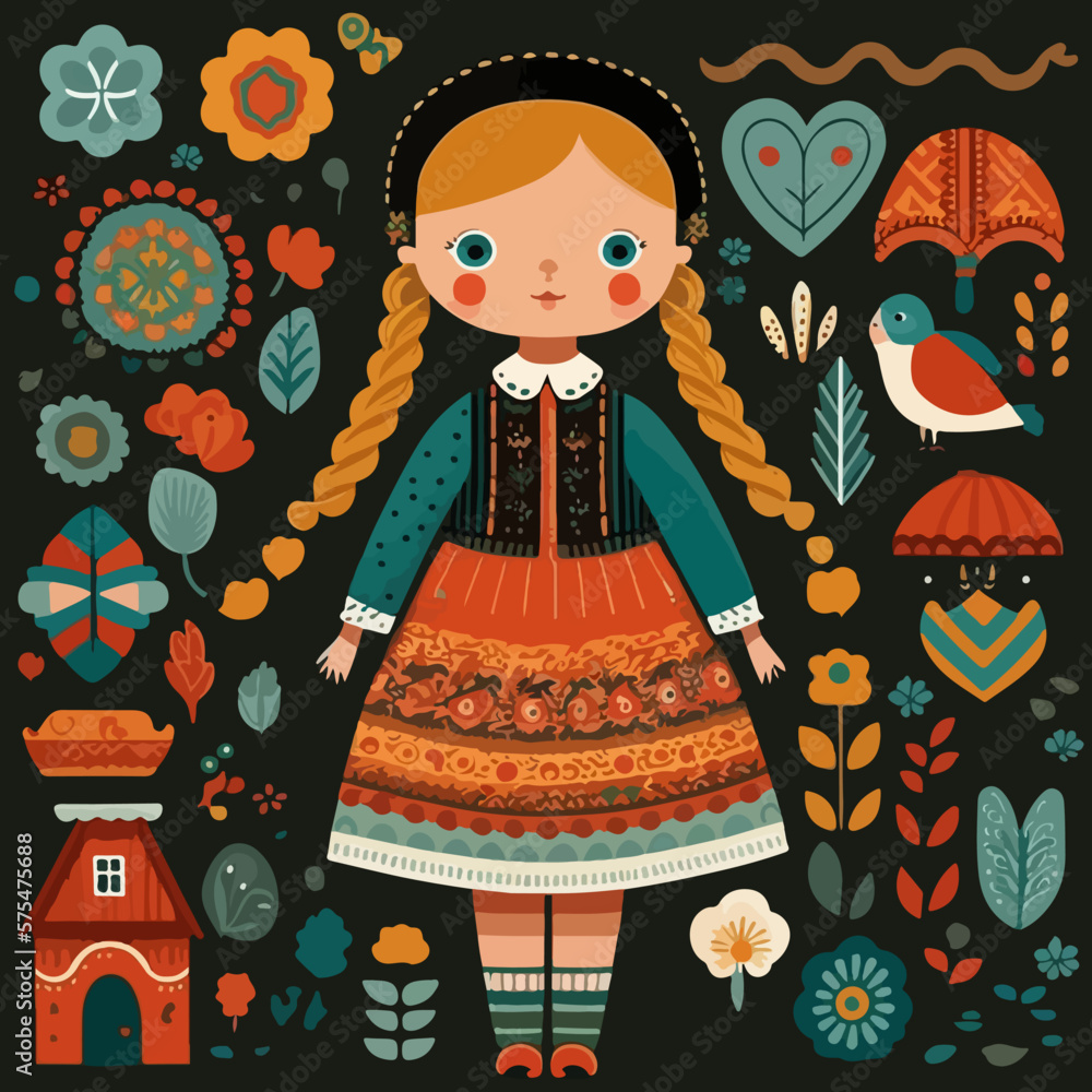 Whimsical Scandinavian Folk Art Characters-girl Stock Vector