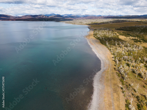 Aerial view of picturesque Lago Yehuin on the island Tierra del Fuego  Argentina  South America