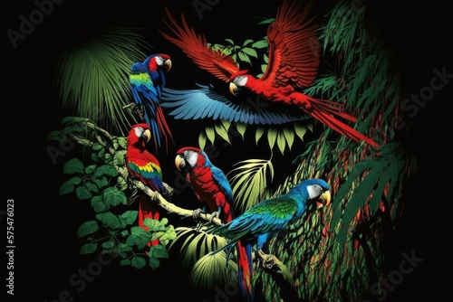 Mixed breed parrots in the jungle. In the midst of the dense, dark greenery, a macaw parrot soars overhead. Costa Rican tropical forest is home to a rare hybrid of the Ara macao and the Ara ambigua. T