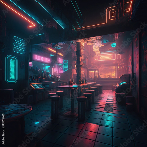 cafe at night neon lighting cyberpunk