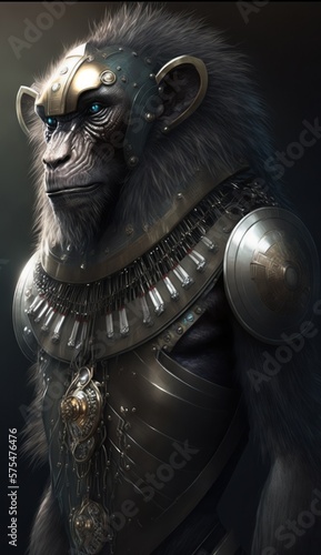 Stylish Futuristic Animal Baboon Combat Armor: A Cute and Cool Designer Exosuit with Energy Shield and Nanotech Enhancements for High-Tech Battle in Wildlife and Sci-Fi Settings (generative AI)