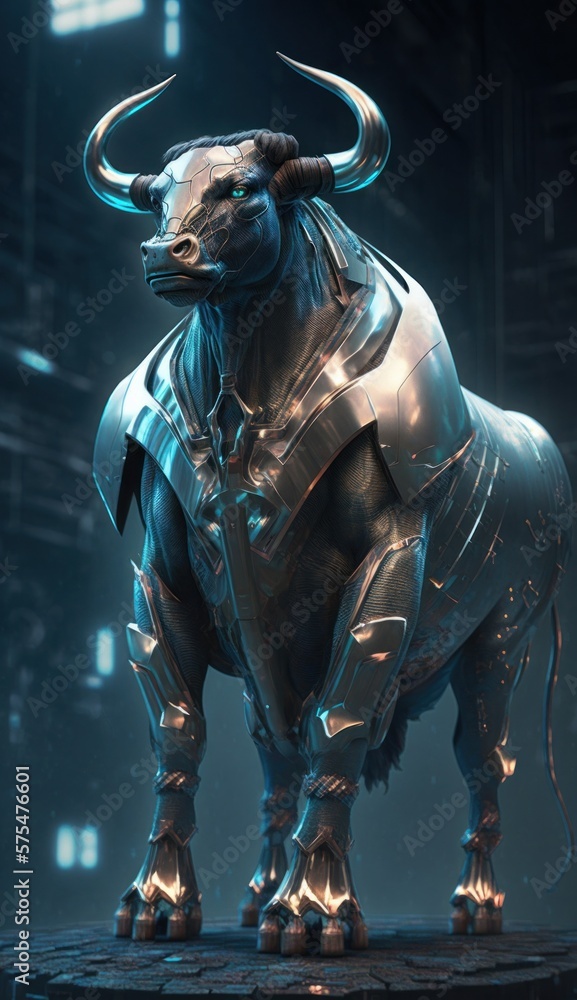 Stylish Futuristic Animal Bull Combat Armor: A Cute and Cool Designer Exosuit with Energy Shield and Nanotech Enhancements for High-Tech Battle in Wildlife and Sci-Fi Settings (generative AI)