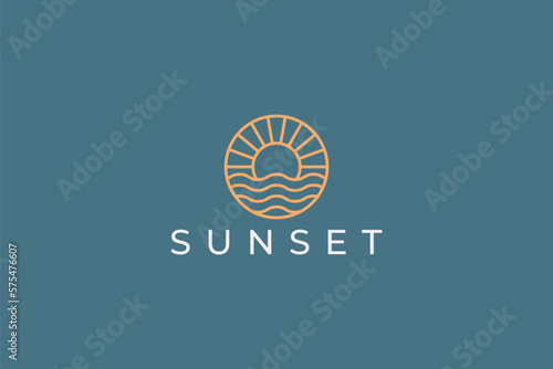 Gold Sun Sunset Logo Badge Hipster with Beach Ocean Sea Water Linear Outline Business Resort and Hotel