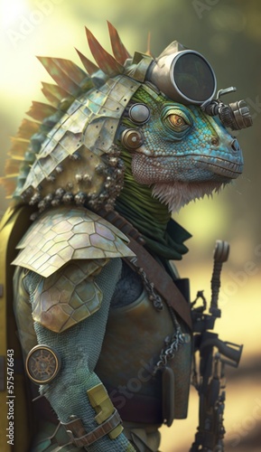 Stylish Futuristic Animal Chameleon Combat Armor  A Cute and Cool Designer Exosuit with Energy Shield and Nanotech Enhancements for High-Tech Battle in Wildlife and Sci-Fi Settings  generative AI 