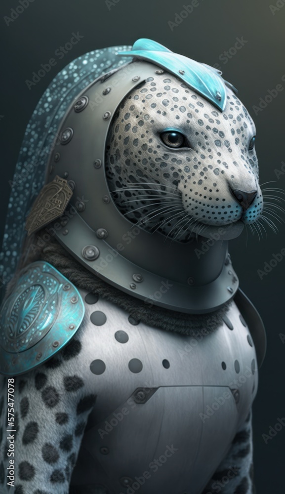Obraz premium Stylish Futuristic Animal leopard seal Combat Armor: A Cute and Cool Designer Exosuit with Energy Shield and Nanotech Enhancements for High-Tech Battle in Wildlife and Sci-Fi Settings (generative AI)