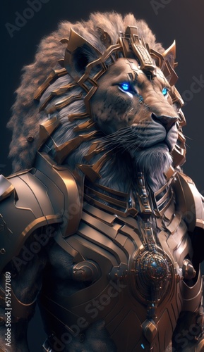 Stylish Futuristic Animal Lion Combat Armor: A Cute and Cool Designer Exosuit with Energy Shield and Nanotech Enhancements for High-Tech Battle in Wildlife and Sci-Fi Settings (generative AI) © Christine