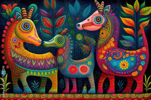 brightly colored Mexican folk art of fantastical creatures whimsical illustrations © NAITZTOYA