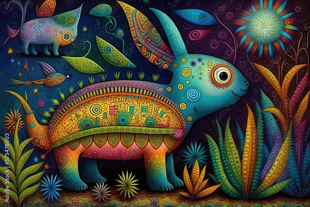 Bright illustration of mexican alebrijes imaginary creatures in colorful style