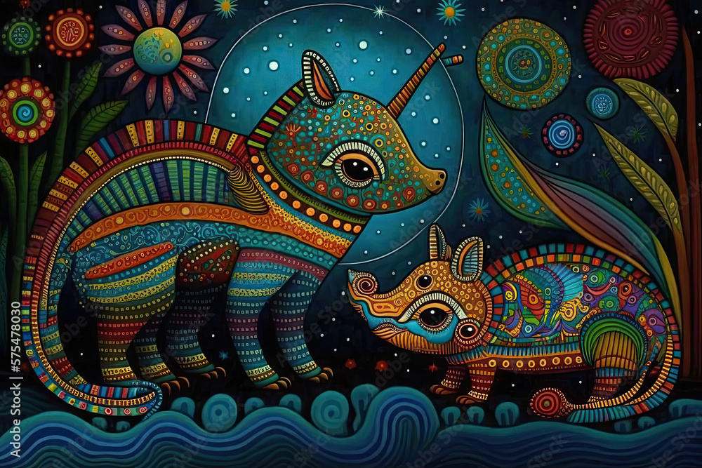 Bright illustration of mexican alebrijes imaginary creatures in colorful style