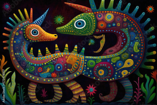 Bright illustration of mexican alebrijes imaginary creatures in colorful style © NAITZTOYA